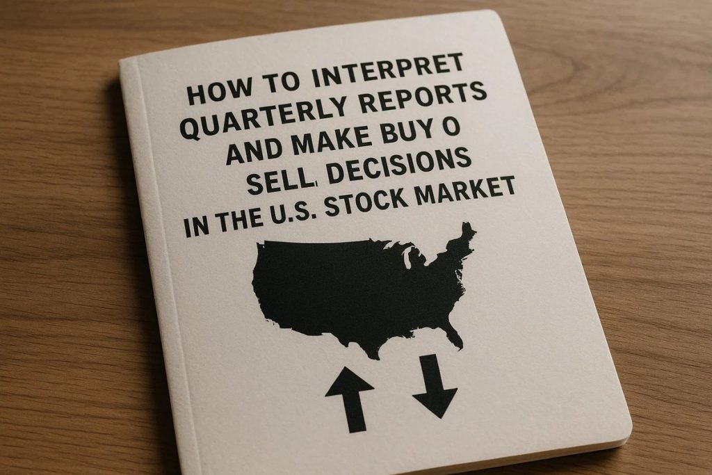Closed notebook on a wooden table with the title “How to Interpret Quarterly Reports and Make Buy or Sell Decisions in the U.S. Stock Market” and a black map of the United States with up and down arrows, representing investment analysis.