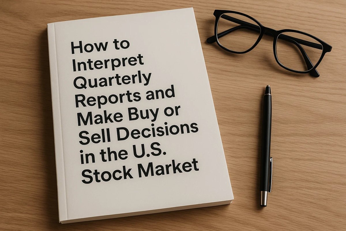 Notebook titled “How to Interpret Quarterly Reports and Make Buy or Sell Decisions in the U.S. Stock Market” placed on a wooden desk beside a black pen and eyeglasses, symbolizing financial research and stock market strategy.