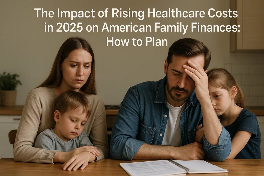 Worried American family sitting at a table reviewing financial documents, illustrating the impact of rising healthcare costs on household budgets in 2025.