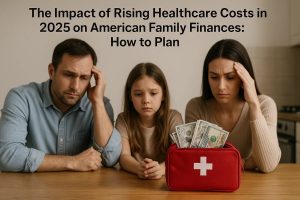 Concerned American family looking at a red first aid kit filled with dollar bills, symbolizing the financial pressure of increasing healthcare expenses in 2025.