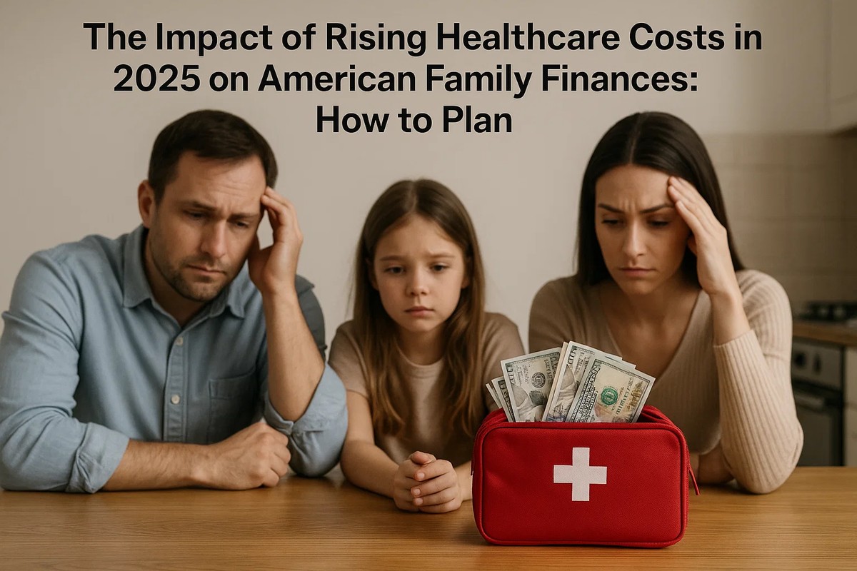 Concerned American family looking at a red first aid kit filled with dollar bills, symbolizing the financial pressure of increasing healthcare expenses in 2025.