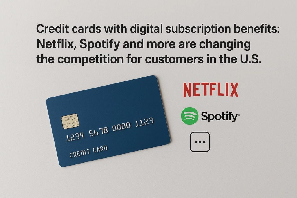 Blue credit card placed beside the logos of Netflix and Spotify, illustrating how credit cards with digital subscription benefits are reshaping customer competition in the U.S.
