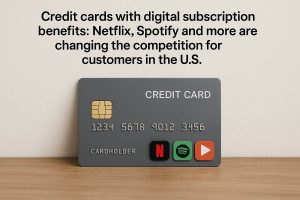 Gray credit card featuring Netflix, Spotify, and media app icons, representing the growing trend of credit cards offering digital subscription perks to attract customers in the U.S.