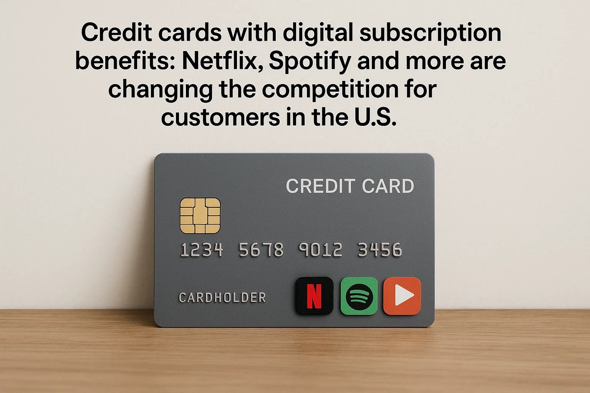 Gray credit card featuring Netflix, Spotify, and media app icons, representing the growing trend of credit cards offering digital subscription perks to attract customers in the U.S.