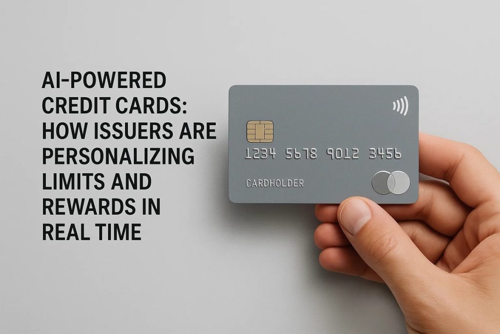 Hand holding a gray credit card beside the text “AI-powered credit cards: how issuers are personalizing limits and rewards in real time,” illustrating the role of artificial intelligence in customizing credit card benefits.