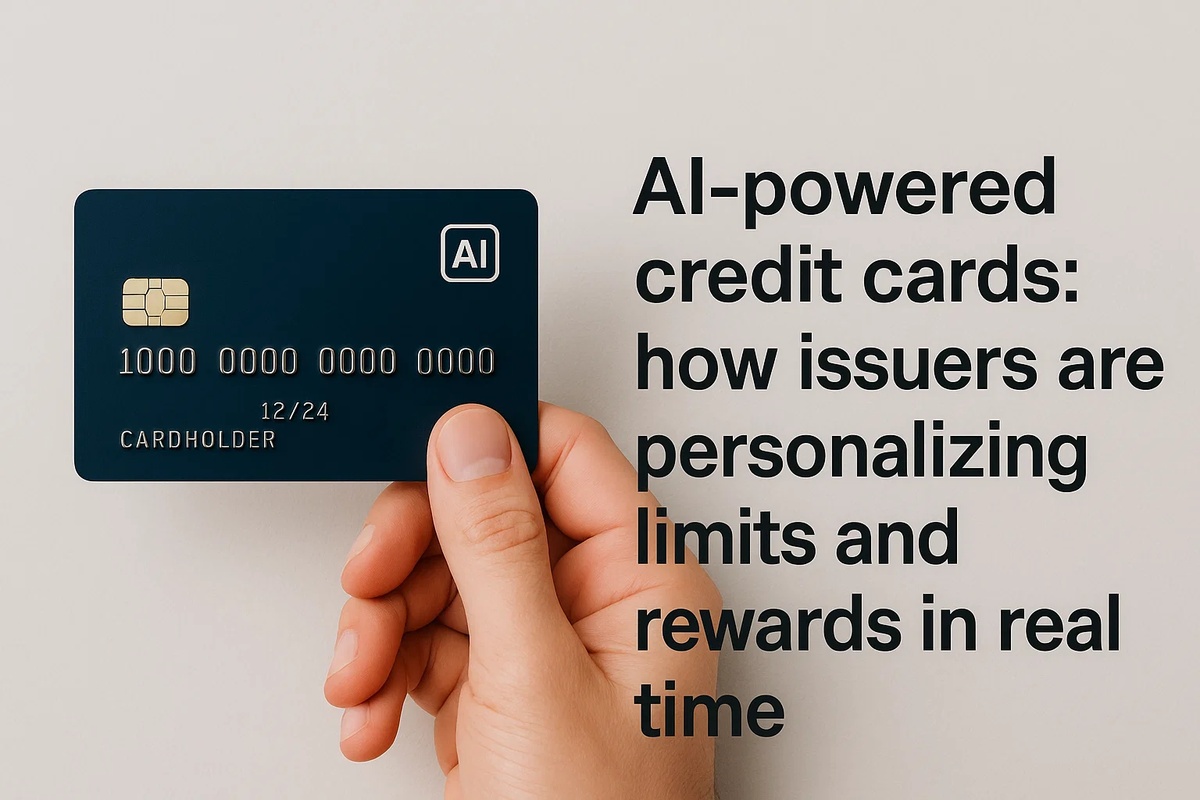 Hand holding a dark blue credit card labeled “AI” next to the text “AI-powered credit cards: how issuers are personalizing limits and rewards in real time,” representing the use of artificial intelligence in financial services.