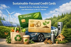 Sustainable-focused credit cards displayed in a green landscape with wind turbines, solar panels, and a forest background. The image shows eco-themed credit cards, a reusable shopping bag with fresh vegetables and a recycling symbol, an electric car connected to a charging station, a reusable coffee cup, a stainless steel water bottle, a wooden toy house, and a small bicycle, representing environmentally friendly consumption and green financial products.