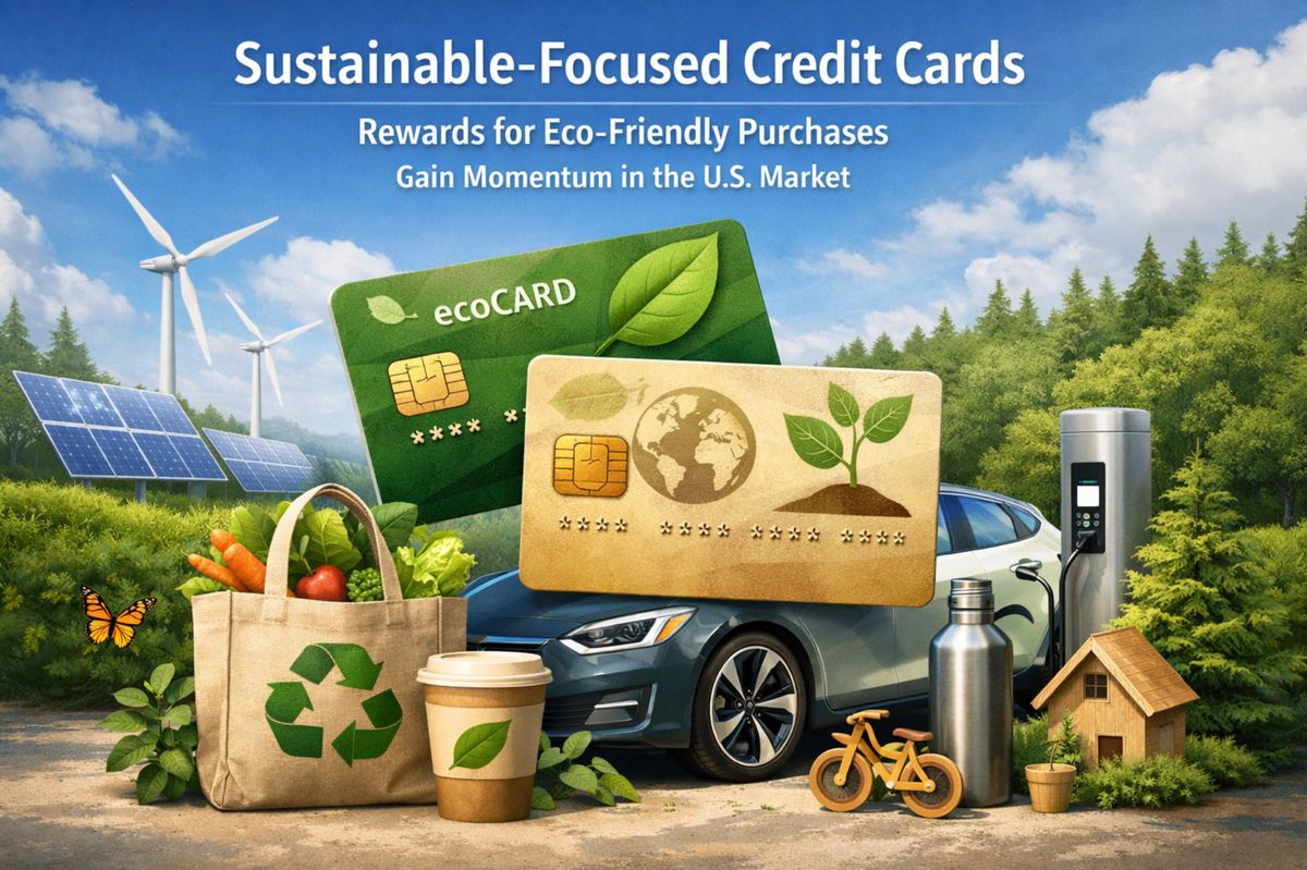 Sustainable-focused credit cards displayed in a green landscape with wind turbines, solar panels, and a forest background. The image shows eco-themed credit cards, a reusable shopping bag with fresh vegetables and a recycling symbol, an electric car connected to a charging station, a reusable coffee cup, a stainless steel water bottle, a wooden toy house, and a small bicycle, representing environmentally friendly consumption and green financial products.