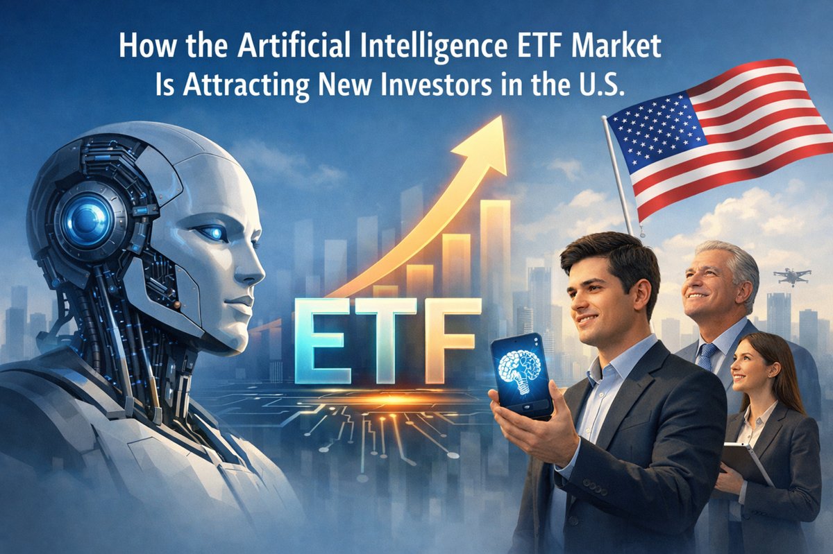 Conceptual illustration showing how the artificial intelligence ETF market is attracting new investors in the United States. The image features a humanoid AI robot facing three business professionals in suits, one holding a smartphone displaying a glowing AI brain icon. In the background, a rising financial chart, the word ‘ETF’, a modern city skyline, and a U.S. flag symbolize growth, technology-driven investments, and the American financial market.