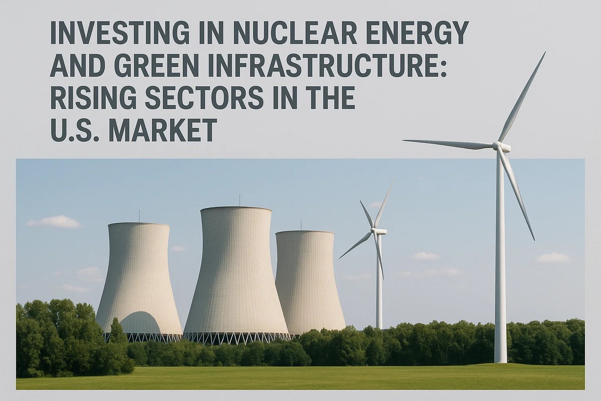 A landscape featuring four large nuclear cooling towers surrounded by green trees, with tall wind turbines standing nearby under a clear blue sky. Above the scene, bold text discusses rising sectors in the U.S. market. The image highlights the contrast and coexistence of nuclear power and renewable energy technologies, symbolizing modern energy investments and the shift toward cleaner infrastructure.