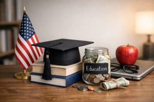 Still life representing investments in education in the United States, featuring a graduation cap placed on stacked books, a jar labeled “Education” filled with coins and dollar bills, and rolled cash on a wooden table. An American flag stands beside the books, while a red apple, eyeglasses, and a laptop reinforce the academic setting. The composition highlights why investments in education draw attention, symbolizing long-term investments in knowledge, opportunity, and economic growth.