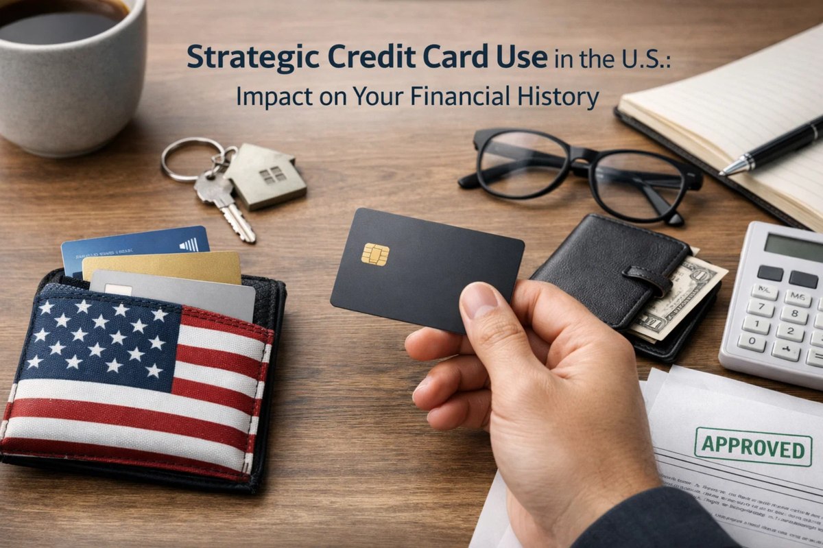 Close-up image illustrating strategic credit card use in the United States, showing a hand holding a black credit card above a desk with a wallet featuring the American flag, cash, keys, calculator, glasses, and approved financial documents, highlighting how responsible credit card management impacts personal financial history.