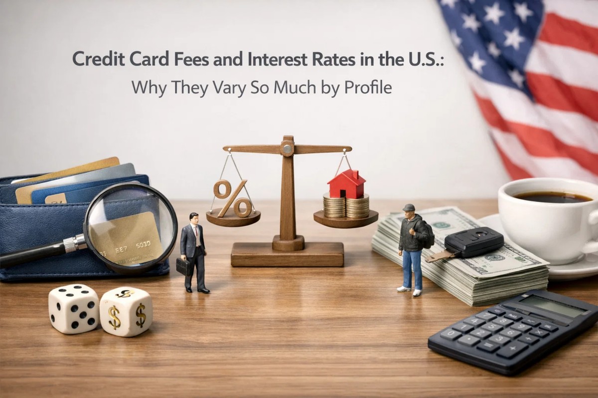 Illustration representing credit card fees and interest rates in the United States, featuring a balance scale with percentage symbols and a house, U.S. flag in the background, stacks of dollar bills, a calculator, credit card wallet, and small figures symbolizing different consumer profiles, highlighting how credit card costs vary based on financial behavior and risk.