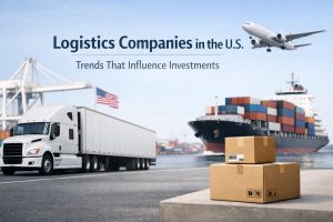 Logistics infrastructure in the United States featuring a cargo truck on a port road, stacked shipping containers on a large container ship, cardboard boxes in the foreground, and a commercial airplane flying overhead, illustrating global supply chains, transportation efficiency, and logistics companies in the U.S. as key drivers of long-term investments.