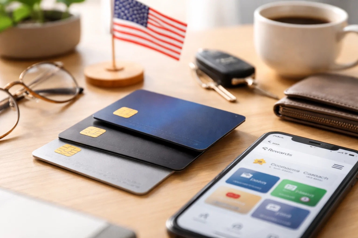 Three modern credit card designs placed on a desk next to a smartphone displaying a rewards app interface, alongside an American flag, wallet, coffee cup, and personal items, illustrating how credit card rewards programs in the United States are evolving to offer more personalized benefits, digital experiences, and flexible redemption options.
