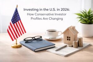 Desk scene featuring an American flag, a notebook with eyeglasses, a cup of coffee, a small wooden house, stacked coins, and a pen on financial documents, illustrating how conservative investments in the United States are evolving in 2026 as investor profiles adapt to changing economic conditions and long-term financial planning.