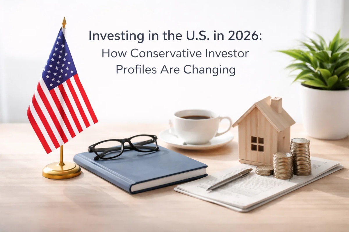 Desk scene featuring an American flag, a notebook with eyeglasses, a cup of coffee, a small wooden house, stacked coins, and a pen on financial documents, illustrating how conservative investments in the United States are evolving in 2026 as investor profiles adapt to changing economic conditions and long-term financial planning.