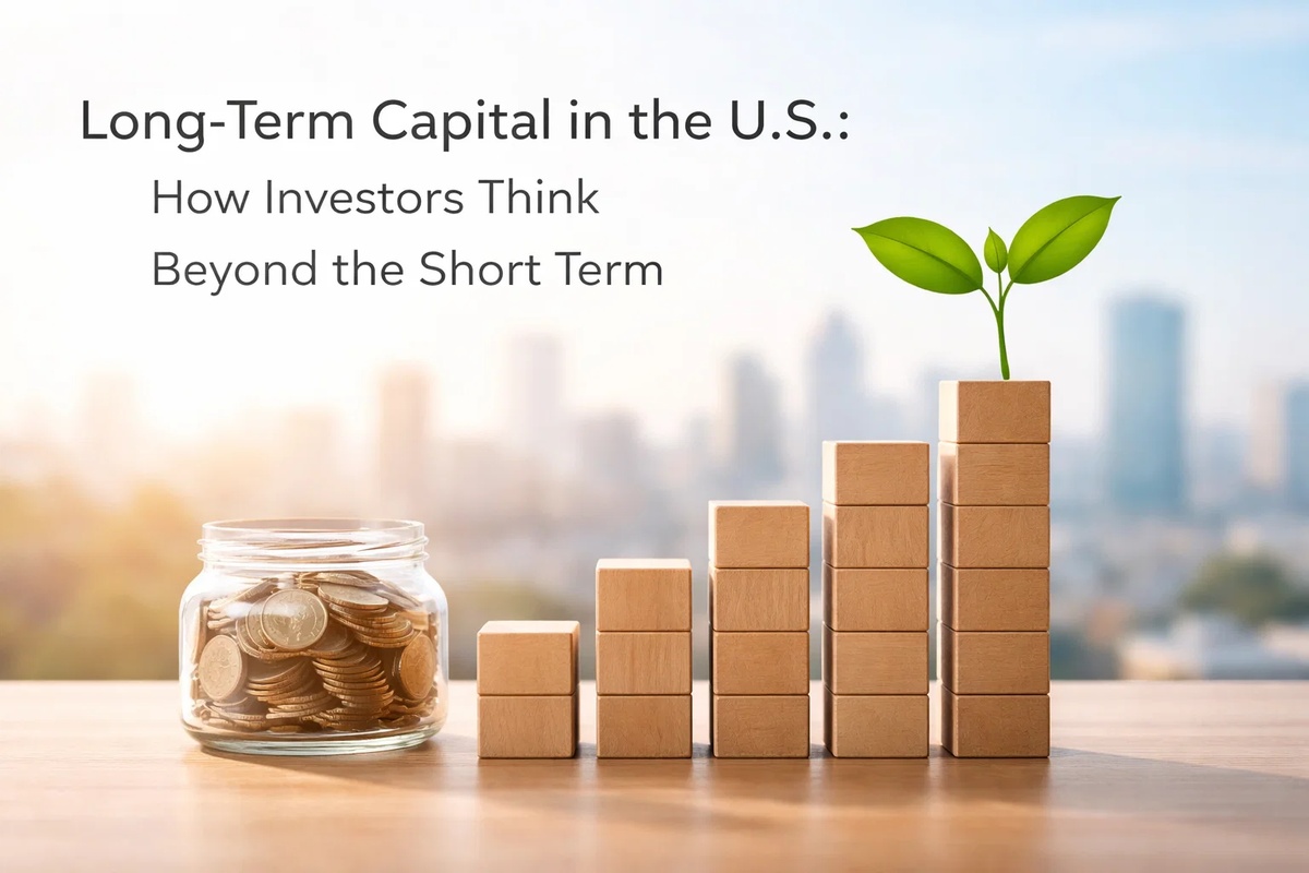 Long-term investments concept image showing a glass jar filled with coins next to a series of ascending wooden blocks, symbolizing gradual financial growth. A small green plant grows from the tallest stack, representing sustainable investments and long-term value creation. In the background, a softly blurred urban skyline reinforces the idea of future-focused investments beyond short-term market fluctuations in the United States.