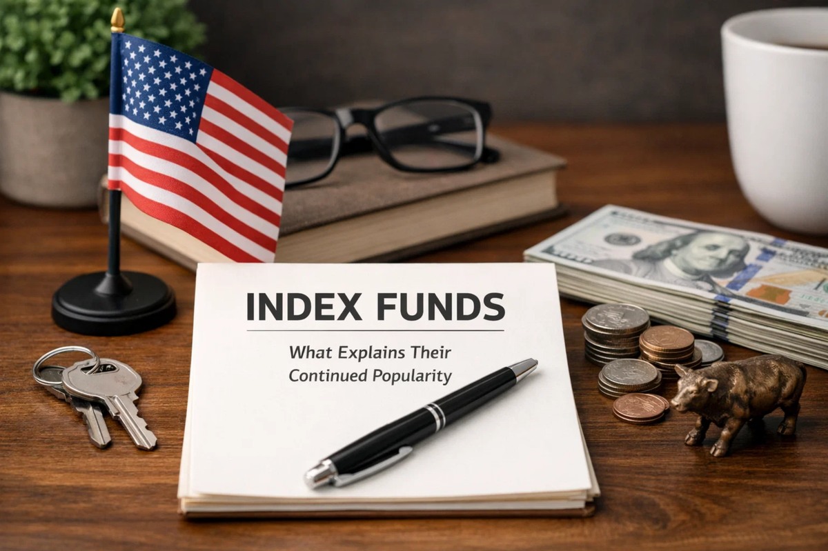 A close-up composition representing investments, featuring a document titled 'Index Funds: What Explains Their Continued Popularity' placed on a wooden desk alongside a pen. Surrounding objects include a small American flag, a stack of US dollar bills, assorted coins, a miniature bull figurine symbolizing the stock market, a pair of glasses resting on books, a cup of coffee, and a set of keys. The scene conveys financial planning, wealth management, and long-term investments in a professional and organized workspace setting.
