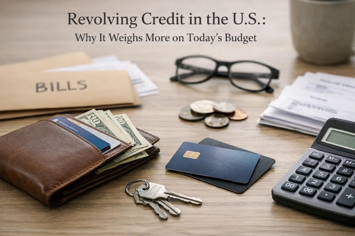 A detailed financial scene illustrating revolving credit in the United States and its impact on household budgets. On a wooden desk, a brown leather wallet filled with cash and a visible credit card sits next to a set of house keys. Two dark credit card cards are placed in the center, symbolizing active revolving credit usage. In the background, a stack of bills labeled “BILLS,” loose coins, paperwork, black eyeglasses, a calculator, and a coffee mug reinforce the theme of personal finance management. The composition visually represents how revolving credit card balances can weigh on today’s budget and overall financial planning.