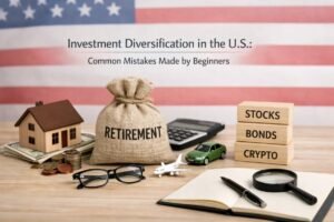 Financial planning concept image representing investments and diversification in the United States. In the foreground on a wooden desk are a burlap sack labeled “Retirement,” stacks of coins, a small house model, eyeglasses, a calculator, a toy airplane, a green toy car, a notebook with a pen, and a magnifying glass. On the right side, wooden blocks labeled “Stocks,” “Bonds,” and “Crypto” illustrate different investment asset classes. The blurred American flag in the background reinforces the theme of U.S. financial planning and beginner investments diversification strategies.