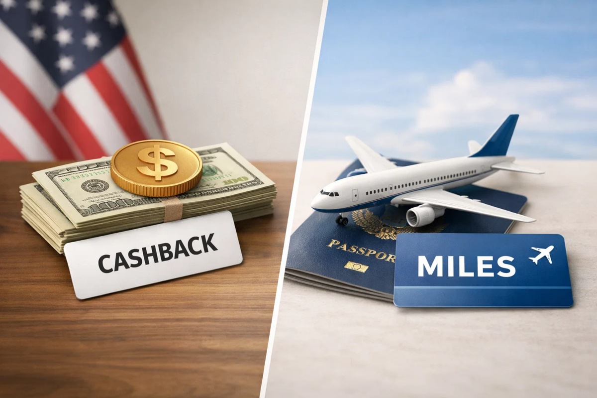 Concept image comparing credit card rewards options for American consumers, illustrating the debate between cashback and travel miles. On the left side, a stack of U.S. dollar bills topped with a gold coin and a label reading “Cashback” sits on a wooden desk with a blurred American flag in the background, symbolizing cash rewards from a credit card. On the right side, a small airplane model rests on a passport next to a blue card labeled “Miles,” representing airline travel rewards earned through a credit card. The split composition visually highlights the decision between cashback or miles and what makes more sense for the American consumer when choosing a credit card rewards strategy.