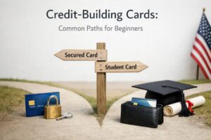 An illustrative scene about building financial history, featuring a directional sign pointing to “secured card” and “student card,” with a credit card and padlock on one side and a wallet with another credit card, graduation cap, and diploma on the other, symbolizing beginner paths to establishing credit card usage and financial independence in the United States.