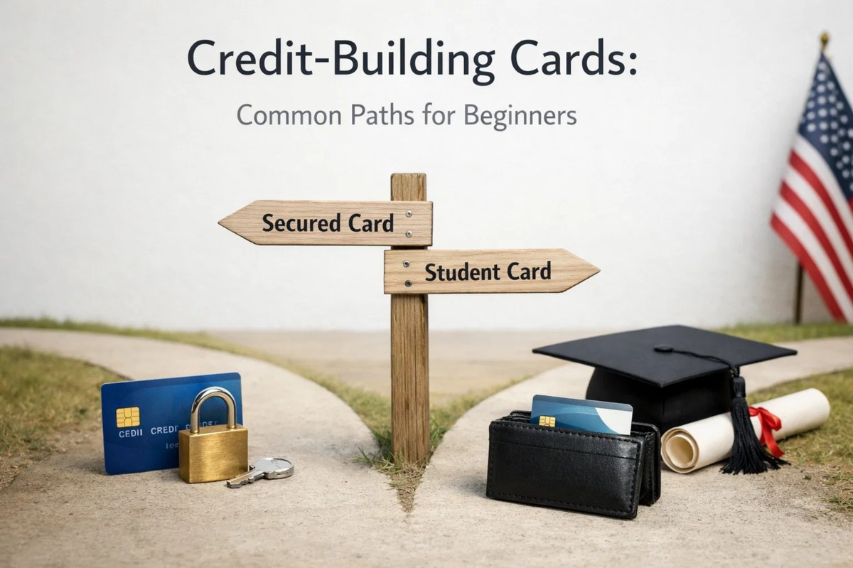 An illustrative scene about building financial history, featuring a directional sign pointing to “secured card” and “student card,” with a credit card and padlock on one side and a wallet with another credit card, graduation cap, and diploma on the other, symbolizing beginner paths to establishing credit card usage and financial independence in the United States.