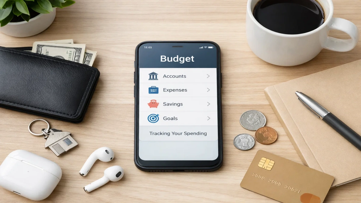 A top-down view of a smartphone displaying a budgeting app interface with categories like accounts, expenses, savings, and goals, surrounded by everyday items such as a wallet with cash, coins, a credit card, earphones, a notebook, and a cup of coffee. The scene represents modern personal finances management, illustrating how digital budgeting tools and mobile apps are transforming spending habits by making finances more accessible and trackable in daily life.