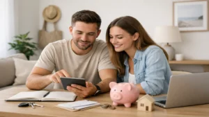 A young couple sitting together at a table at home, smiling while reviewing their finances on a tablet. In front of them are a piggy bank, coins, a notebook, and a laptop, symbolizing budgeting and saving habits. The scene reflects modern family financial planning, highlighting trends among young couples who actively manage their finances together using digital tools and shared decision-making.