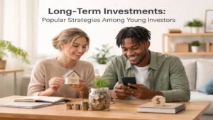 A young couple sitting at a table reviewing finances together, with one holding a small house model and the other using a smartphone, surrounded by coins, a jar with growing savings, and notebooks, representing long-term investments planning among young investors, highlighting financial growth, smart investments strategies, and modern money management habits.