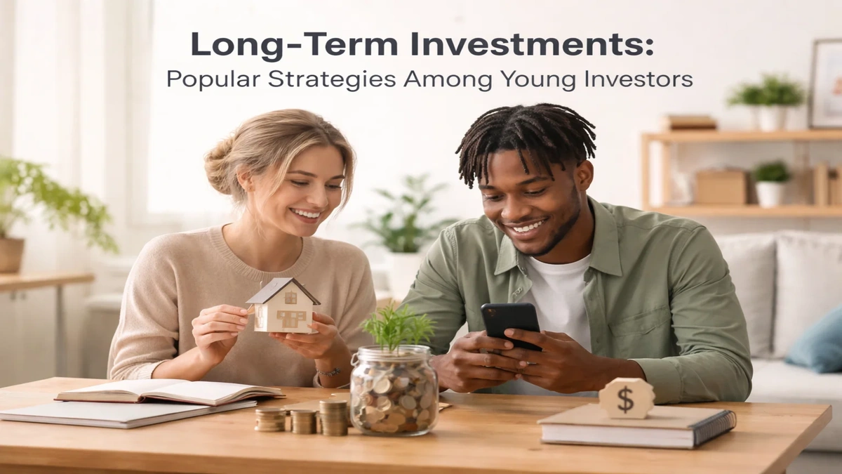 A young couple sitting at a table reviewing finances together, with one holding a small house model and the other using a smartphone, surrounded by coins, a jar with growing savings, and notebooks, representing long-term investments planning among young investors, highlighting financial growth, smart investments strategies, and modern money management habits.
