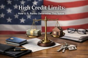 A financial-themed composition featuring a balance scale on a wooden desk, with a stack of cash on one side and a miniature house on the other, symbolizing the evaluation of creditworthiness and lending decisions. In the background, a blurred U.S. flag reinforces the American financial context. Surrounding objects include multiple credit cards, a wallet, keys with a house keychain, documents, eyeglasses, and a pen, representing personal finance management and banking processes. The text “High Credit Limits: How U.S. Banks Determine This Value” highlights the topic of credit assessment and lending criteria. The scene conveys how financial institutions analyze assets, income, and risk to assign limits, emphasizing the role of a credit card in accessing borrowing power and managing modern financial life.