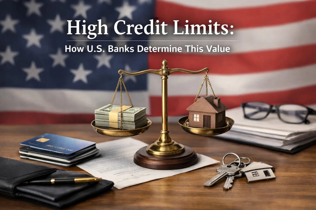 A financial-themed composition featuring a balance scale on a wooden desk, with a stack of cash on one side and a miniature house on the other, symbolizing the evaluation of creditworthiness and lending decisions. In the background, a blurred U.S. flag reinforces the American financial context. Surrounding objects include multiple credit cards, a wallet, keys with a house keychain, documents, eyeglasses, and a pen, representing personal finance management and banking processes. The text “High Credit Limits: How U.S. Banks Determine This Value” highlights the topic of credit assessment and lending criteria. The scene conveys how financial institutions analyze assets, income, and risk to assign limits, emphasizing the role of a credit card in accessing borrowing power and managing modern financial life.