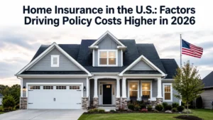 Realistic and minimalist editorial-style image about finances showing a modern suburban American house with a neatly maintained lawn and a U.S. flag on the right side, under soft evening light. At the top of the image, the headline reads “Home Insurance in the U.S.: Factors Driving Policy Costs Higher in 2026” in bold dark typography. The composition is clean and balanced, representing rising home insurance concerns and property-related finances in the United States.