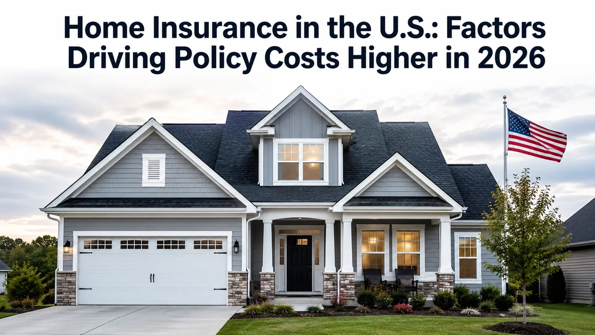 Realistic and minimalist editorial-style image about finances showing a modern suburban American house with a neatly maintained lawn and a U.S. flag on the right side, under soft evening light. At the top of the image, the headline reads “Home Insurance in the U.S.: Factors Driving Policy Costs Higher in 2026” in bold dark typography. The composition is clean and balanced, representing rising home insurance concerns and property-related finances in the United States.