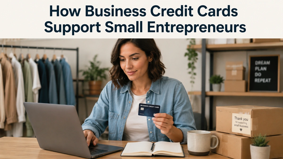 Minimalist and realistic workspace scene featuring a small business owner using a laptop while holding a business credit card at a desk with shipping boxes, notebook, and coffee mug. The environment includes shelves, clothing racks, and packaging elements that represent entrepreneurship and online retail operations. At the top of the image, the title “How Business Credit Cards Support Small Entrepreneurs” appears in large bold typography. Warm lighting, balanced contrast, and clean composition reinforce a professional and modern business atmosphere related to credit card solutions for small entrepreneurs.