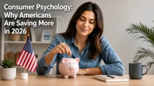 Young woman in a minimalist home office setting places a coin into a pink piggy bank on a wooden desk, symbolizing saving habits and financial planning in the United States. Next to the piggy bank are a small American flag, a notebook, and a dark coffee mug. The softly blurred background with plants and shelves creates a clean, modern atmosphere. In the upper-left corner, bold text reads: “Consumer Psychology: Why Americans Are Saving More in 2026.” The composition conveys the theme of personal finances, savings behavior, and consumer psychology in America.
