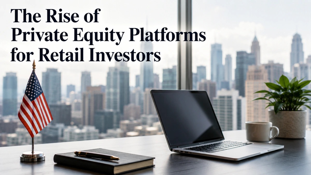 Minimalist and realistic office workspace overlooking a modern U.S. city skyline, featuring a laptop, notebook, coffee mug, potted plant, and small American flag on a clean desk. Large editorial-style headline reads “The Rise of Private Equity Platforms for Retail Investors,” illustrating the growing accessibility of private equity investments for everyday investors in the United States.