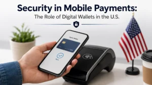 Minimalist and realistic banner about mobile payment security in the United States, featuring a hand holding a smartphone with a digital wallet and credit card displayed on the screen near a contactless payment terminal. The scene includes subtle U.S. elements such as an American flag in the background, soft neutral lighting, and a clean modern workspace. At the top, the title “Security in Mobile Payments: The Role of Digital Wallets in the U.S.” appears in bold typography, emphasizing digital wallet protection, secure transactions, and credit card technology in mobile payments.