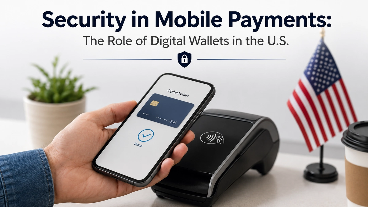 Minimalist and realistic banner about mobile payment security in the United States, featuring a hand holding a smartphone with a digital wallet and credit card displayed on the screen near a contactless payment terminal. The scene includes subtle U.S. elements such as an American flag in the background, soft neutral lighting, and a clean modern workspace. At the top, the title “Security in Mobile Payments: The Role of Digital Wallets in the U.S.” appears in bold typography, emphasizing digital wallet protection, secure transactions, and credit card technology in mobile payments.