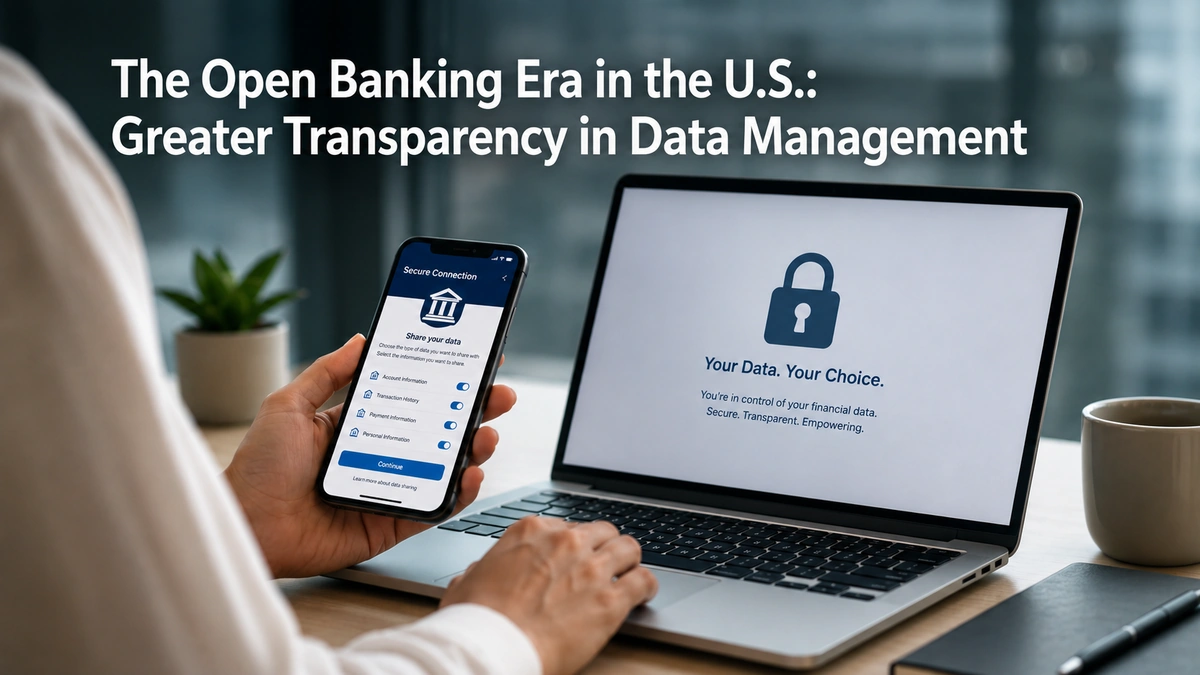 Minimalist and realistic banner about open banking and finances in the United States, showing a person using a smartphone beside a laptop in a modern office environment. The laptop screen displays a security lock icon and data privacy message, while the smartphone shows a secure banking interface with sharing permissions. The title “The Open Banking Era in the U.S.: Greater Transparency in Data Management” appears directly over the image in large white text, reinforcing the theme of secure digital finances, transparency, and consumer data control.
