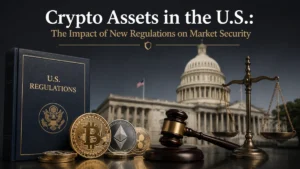 Minimalist and realistic banner about crypto investments regulation in the United States, featuring the U.S. Capitol in the background, cryptocurrency coins like Bitcoin and Ethereum in the foreground, a judge’s gavel, legal balance scale, and a regulation book symbolizing market security and government oversight. Dark elegant tones with balanced contrast and sharp details. The title “Crypto Assets in the U.S.: The Impact of New Regulations on Market Security” appears prominently at the top.