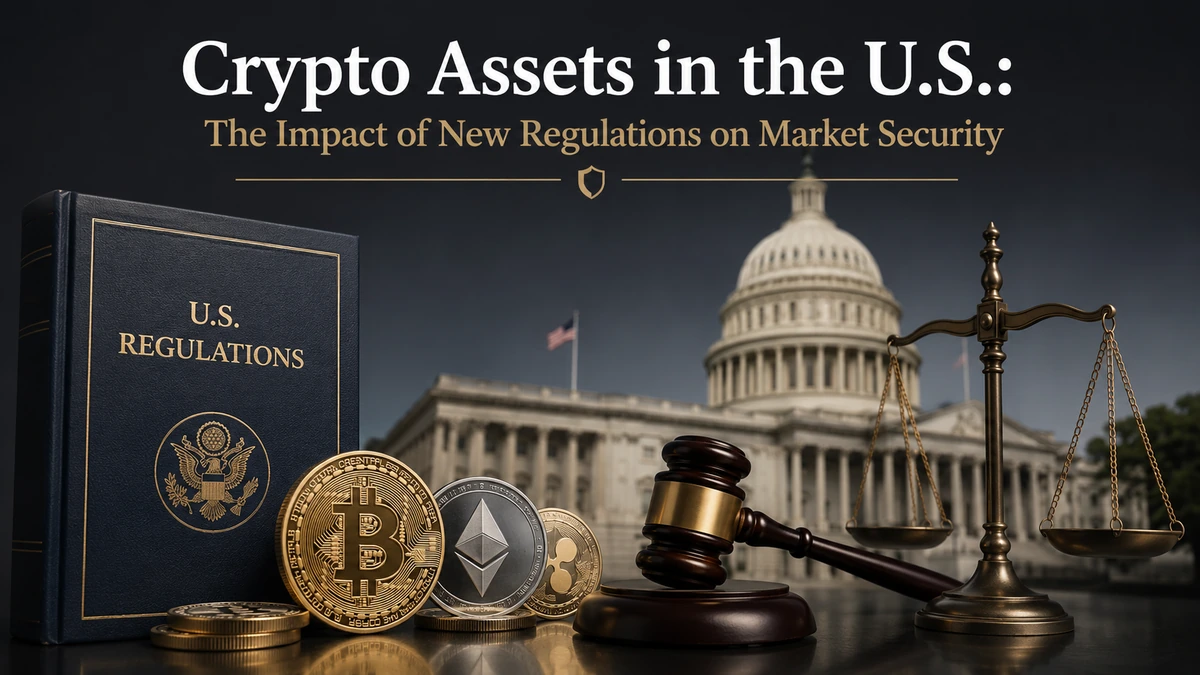 Minimalist and realistic banner about crypto investments regulation in the United States, featuring the U.S. Capitol in the background, cryptocurrency coins like Bitcoin and Ethereum in the foreground, a judge’s gavel, legal balance scale, and a regulation book symbolizing market security and government oversight. Dark elegant tones with balanced contrast and sharp details. The title “Crypto Assets in the U.S.: The Impact of New Regulations on Market Security” appears prominently at the top.